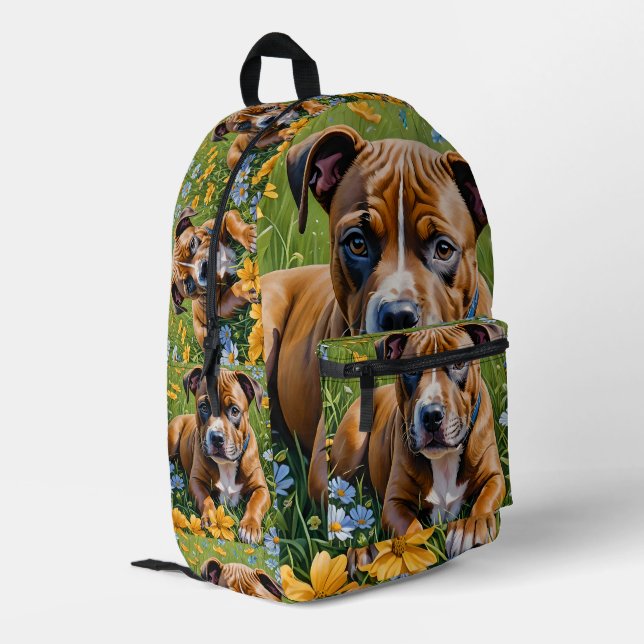Springtime Staffordshire Bull Terrier Puppy, Printed Backpack (Back Corner Left)