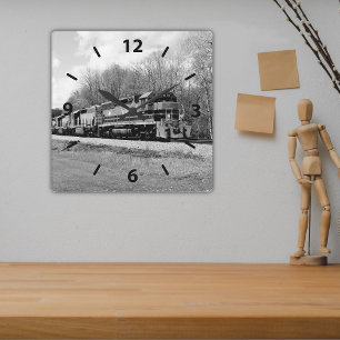 Springtime Train B&W Square Wall Clock