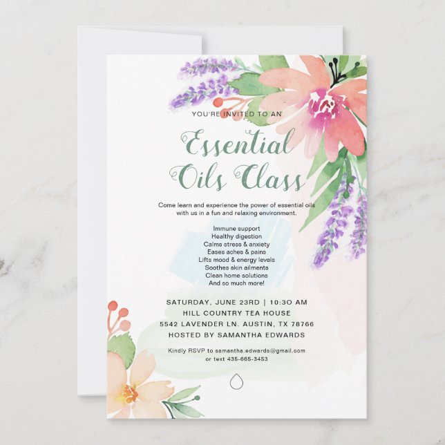 Springtime Watercolor Floral Essential Oils Class Invitation (Front)