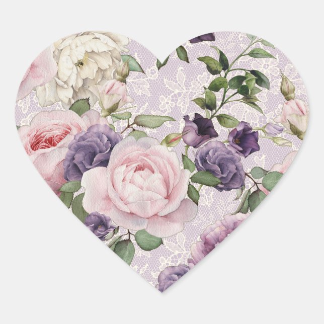 Springtime Watercolor Floral Garden Lavender Lace Heart Sticker (Front)