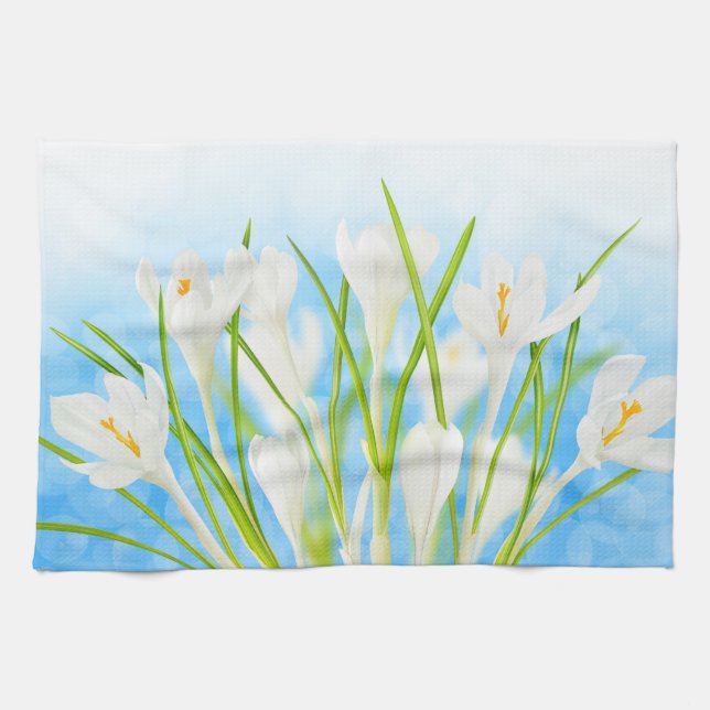 Springtime (white crocuses) kitchen towel (Horizontal)