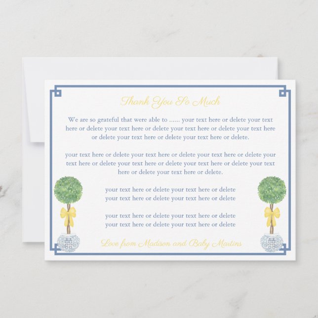 Springtime Yellow Boxwood Topiary Baby Shower Thank You Card (Front)