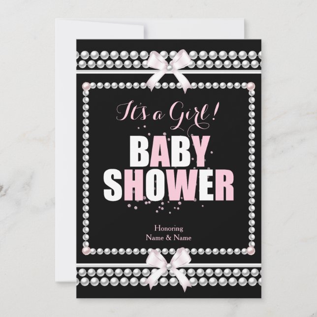 Sprinkle Baby Shower Girl Pink Pearls Black Invitation (Front)
