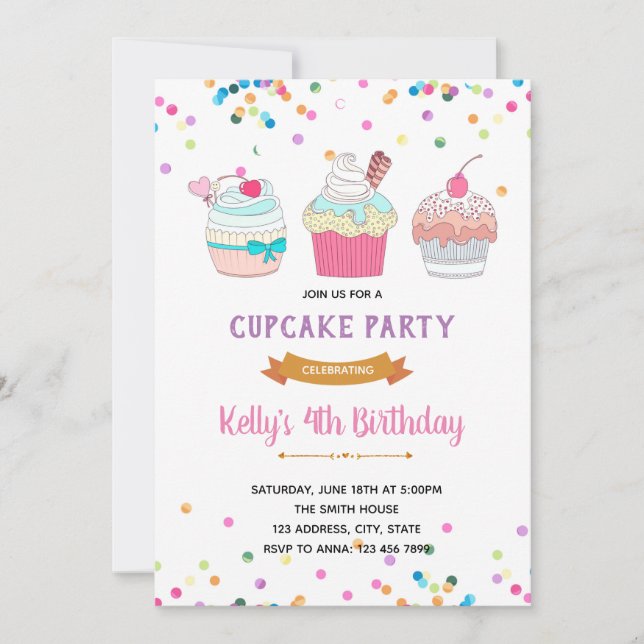 Sprinkle Cupcake war party invitation (Front)