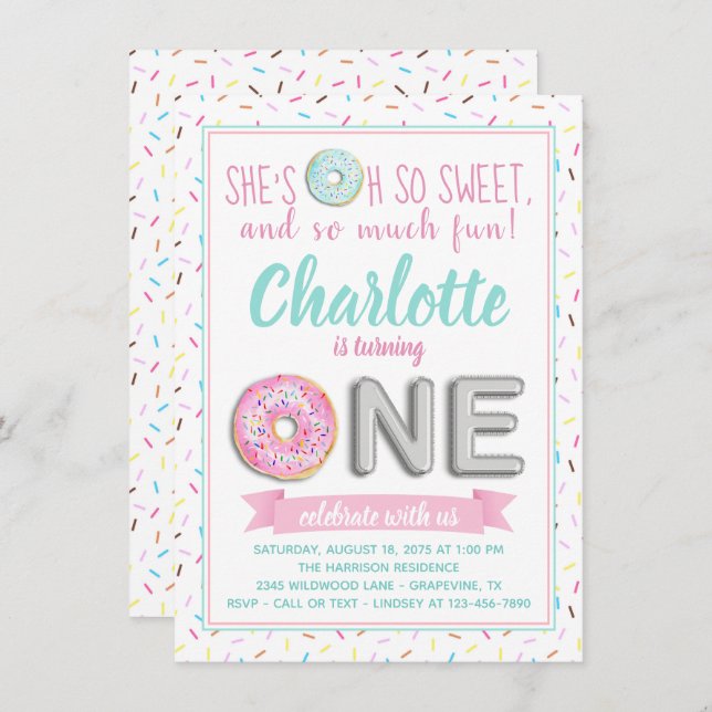 Sprinkle Doughnut Foil Balloon 1st Birthday Party Invitation (Front/Back)