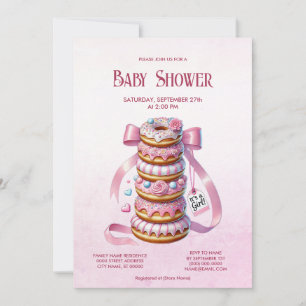 Sprinkle Doughnuts Pink Ribbon Baby Shower Invitat Invitation