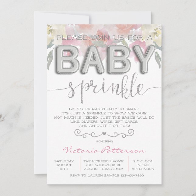 Sprinkle Foil Balloon Watercolor Girl Baby Shower Invitation (Front)