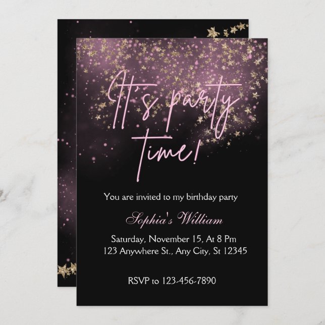 Sprinkle Pink Stars birthday invitation (Front/Back)