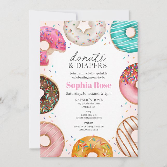 Sprinkled Doughnut Baby Shower Invitation for Girl (Front)