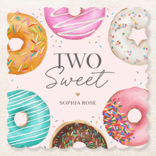 Sprinkled Doughnut TWO Sweet 2nd Birthday Party Paper Coaster