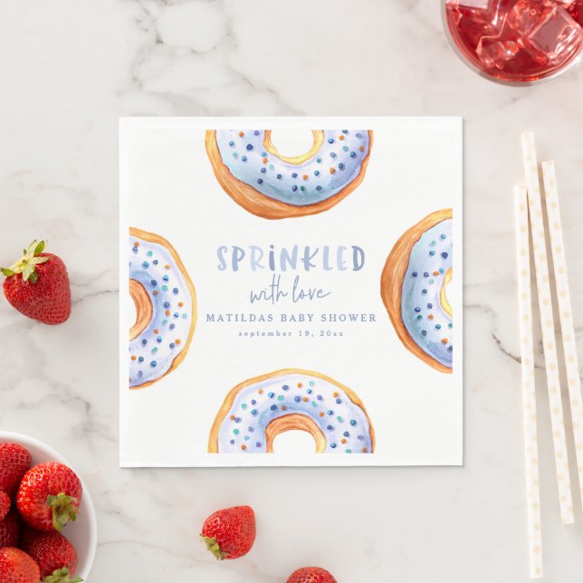 Sprinkled with love blue doughnut baby shower napkin (Insitu)