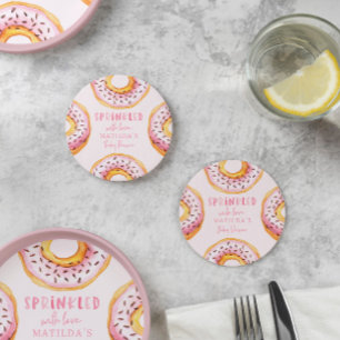 Sprinkled with love pink doughnut baby shower round paper coaster