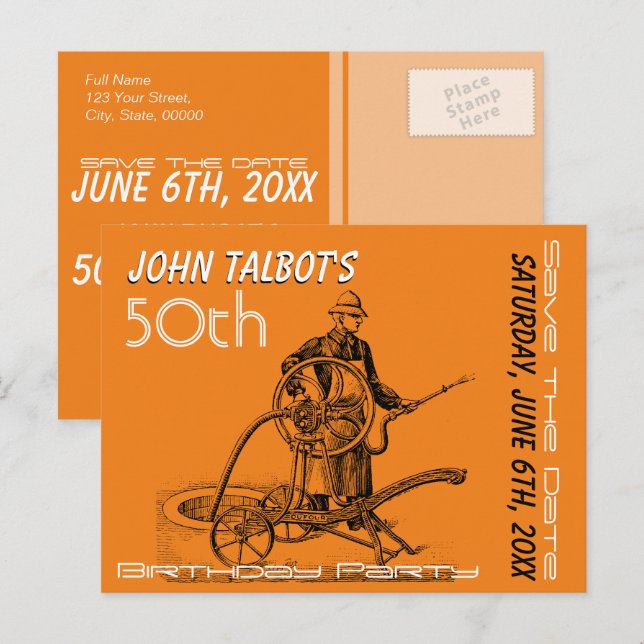 Sprinkler or Fireman 50th Birthday Save The Date Announcement Postcard (Front/Back)