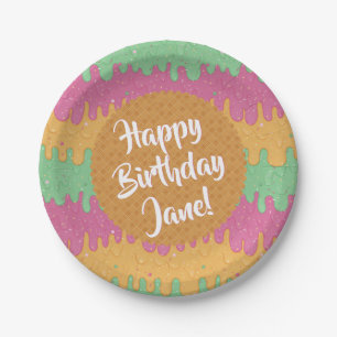 Sprinkles and Rainbow Sherbet Ice Cream Birthday Paper Plate