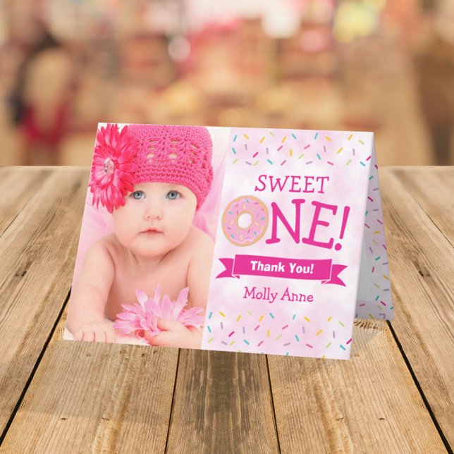Sprinkles Doughnut 1st Birthday Girl Folded Thank You Card (Creator Uploaded)