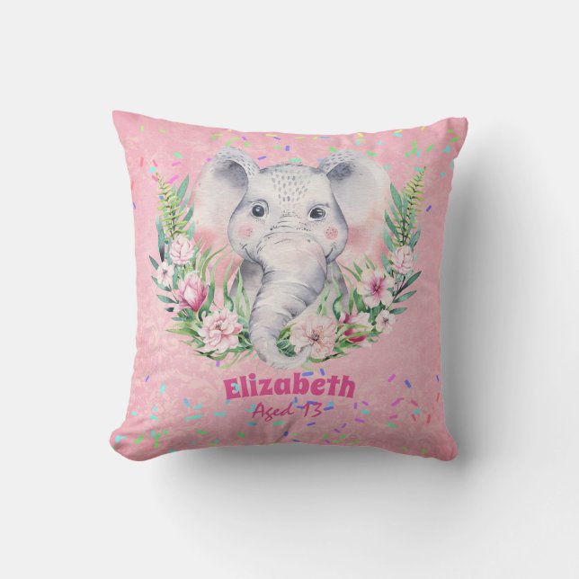 Sprinkles Elephant Boho Floral Girls NAMED Gift Throw Pillow (Front)