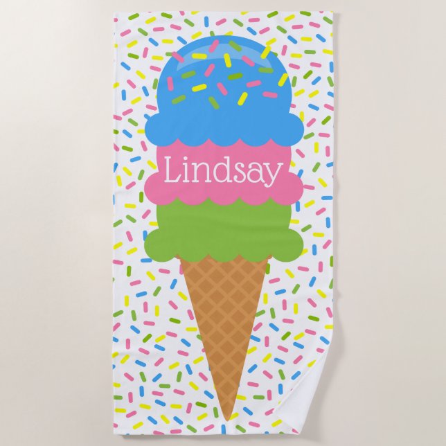 Sprinkles Ice Cream Cone Personalized Beach Towel (Front)