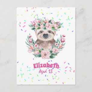 Sprinkles SLOTH Boho Girls Pink Flowers Gifts Cute Postcard