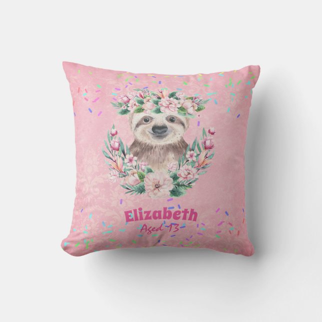 Sprinkles SLOTH Boho Girls Pink Flowers Gifts Cute Throw Pillow (Front)