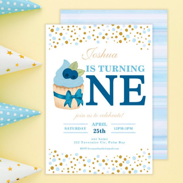 Sprinkles Sweet Blueberry Cupcake 1st Birthday  Invitation (Creator Uploaded)