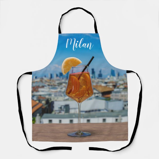 Spritz cocktail on a table with view of Milan Apron (Front)