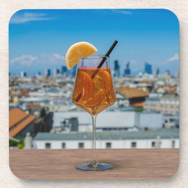 Spritz cocktail on a table with view of Milan Coaster (Front)