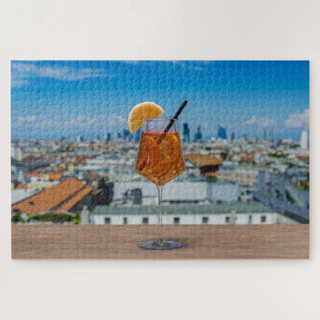 Spritz cocktail on a table with view of Milan Jigsaw Puzzle (Horizontal)