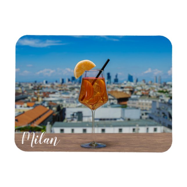 Spritz cocktail on a table with view of Milan Magnet (Horizontal)