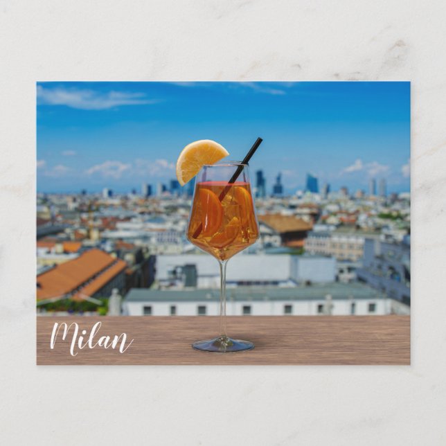 Spritz cocktail on a table with view of Milan Postcard (Front)