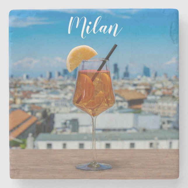 Spritz cocktail on a table with view of Milan Stone Coaster (Front)