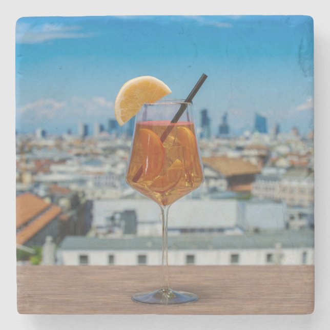 Spritz cocktail on a table with view of Milan Stone Coaster (Front)
