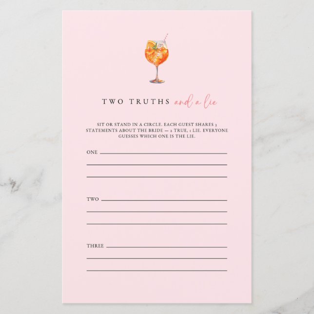 Spritz Two Truths And A Lie Bridal Shower Game (Front)