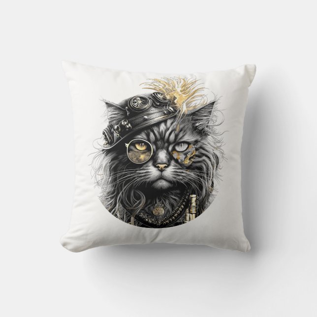 Sprocket-Paws The Funky Steampunk Cat  Throw Pillow (Front)