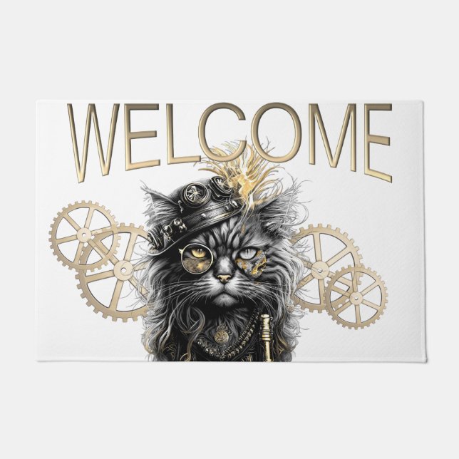 Sprocket-Paws The Funky Steampunk Cat Welcome Doormat (Front)