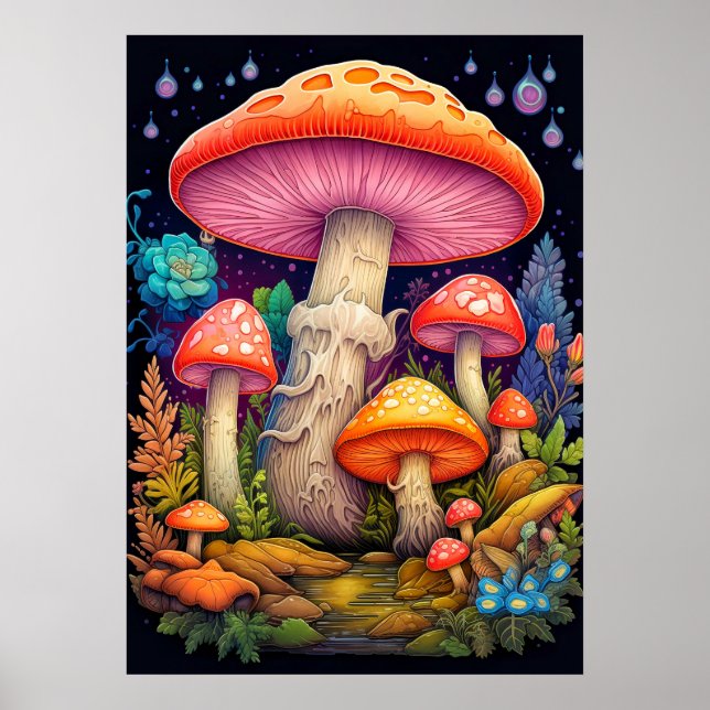 Sprouting Wild Forest Mushrooms Illustration Poster (Front)