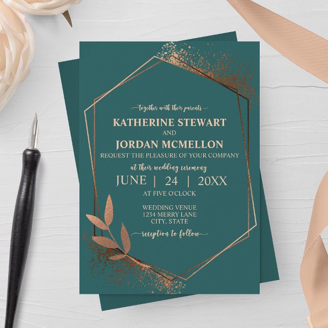 Spruce and Bronze Fall Leaf Geometric Wedding Invitation (Creator Uploaded)