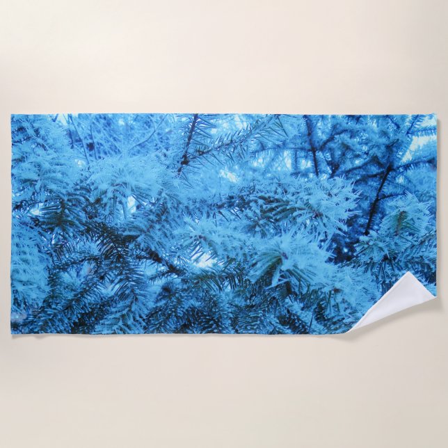 Spruce branches covered with snow & frost crystals beach towel (Front)