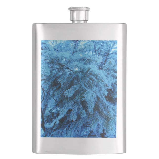 Spruce branches covered with snow & frost crystals hip flask (Front)