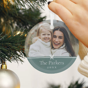 Spruce Green Simple Minimal Bow Photo Glass Ornament