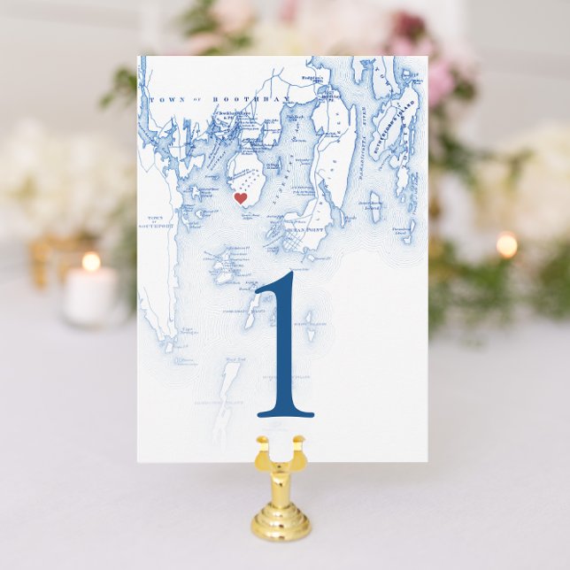 Spruce Point Maine 5x7 Mariage Cartes Numéro de ta (Spruce Point Inn Wedding Table Number Cards in elegant navy blue from Coastal Map Designs)