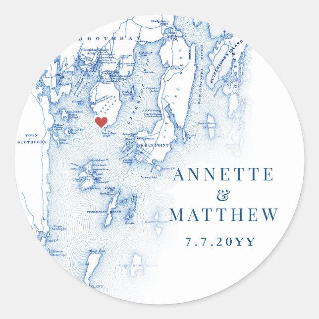 Spruce Point Maine Map Elegant Blue Wedding Favour Classic Round Sticker (Front)