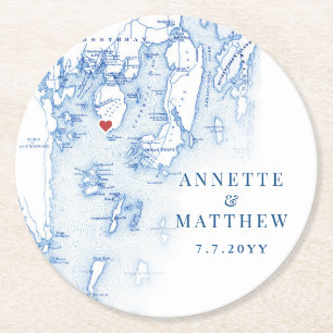 Spruce Point Maine Map Elegant Blue Wedding Favour Round Paper Coaster