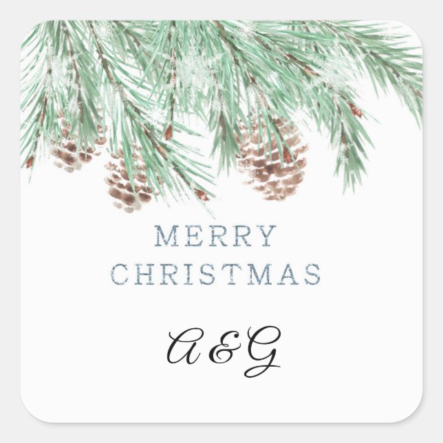 Spruce twigs with cones, Snowflakes, Christmas Square Sticker (Front)