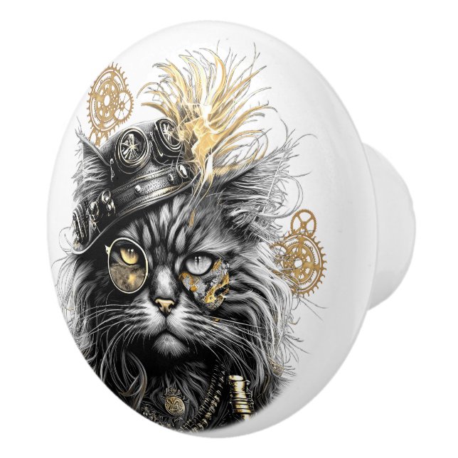 Spunky Paws The Funky Steampunk Cat  Ceramic Knob (Right)
