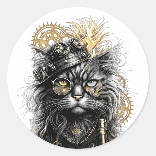 Spunky Paws The Funky Steampunk Cat  Classic Round Sticker (Front)