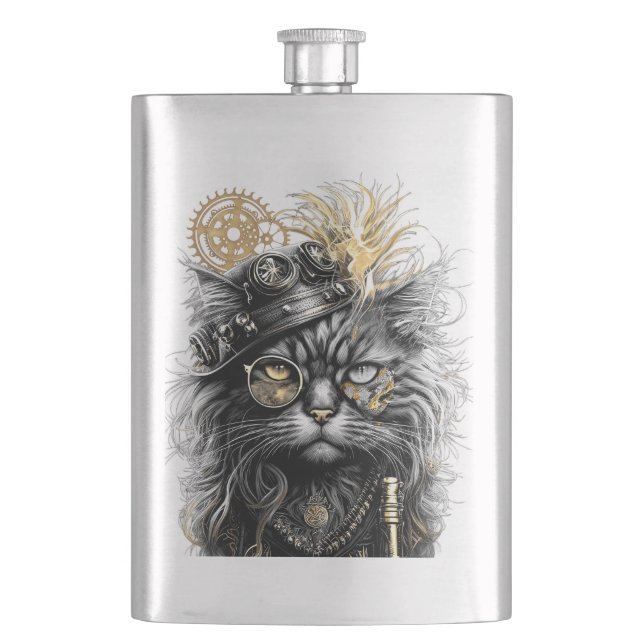 Spunky Paws The Funky Steampunk Cat  Hip Flask (Front)