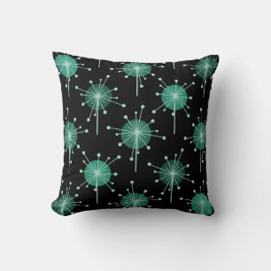 Sputnik Starburst Flowers Black Teal Throw Pillow