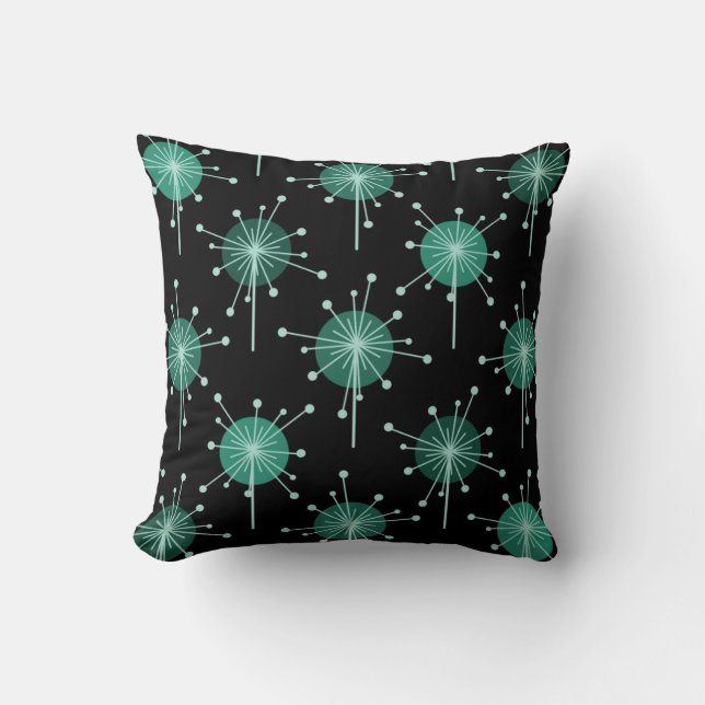 Sputnik Starburst Flowers Black Teal Throw Pillow (Front)