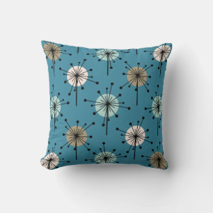 Sputnik Starburst Flowers Teal Gold Throw Pillow