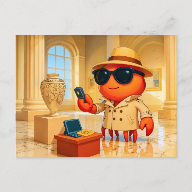 Spy Crab Analyzing Data In Museum Exhibit Postcard (Front)